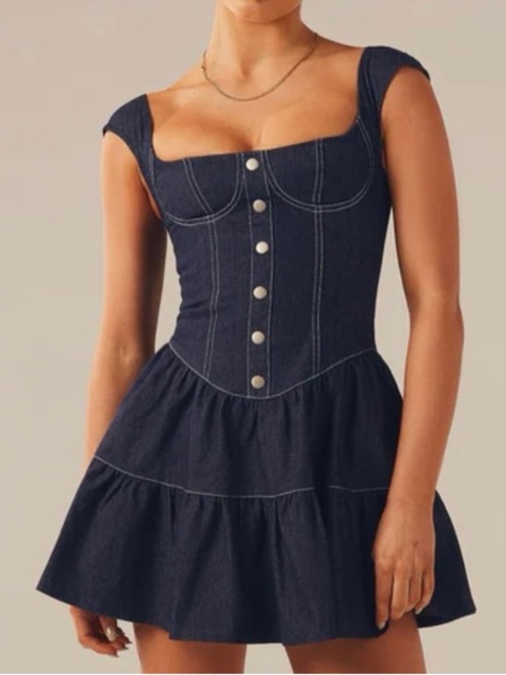 Peppermayo | Isabella Denim Bustier Dress Size 4 Blue Fit Flare Cap Sleeves - Picture 3 of 15